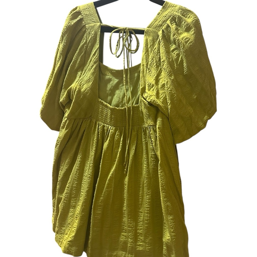 Free People Gigi Blouson Puff Sleeve Tunic Dress Medium Chartreuse Boho Pockets - Picture 4 of 12